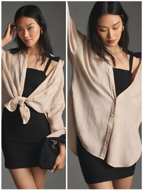 Anthro Maeve Linen Tan Button Down Bennet Top, S